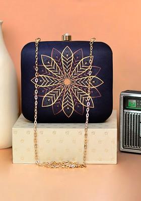 Navy Blue Fabric Women Mandala Printed Box Clutch