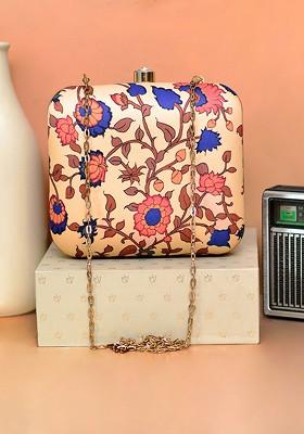 Peach Fabric Women Printed Box Clutch