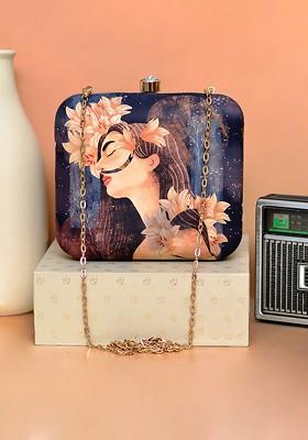 Blue Fabric Women Portrait Printed Box Clutch