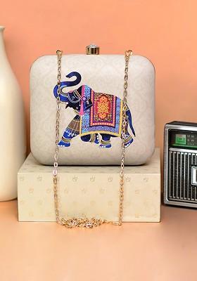 Blue Fabric Women Printed Box Clutch