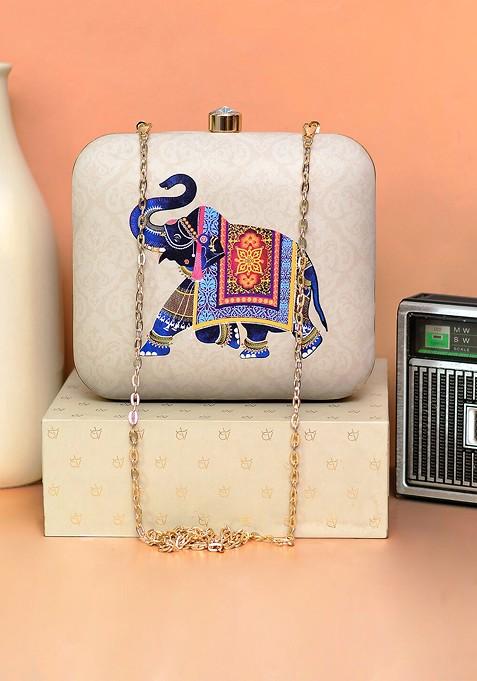 Blue Fabric Women Printed Box Clutch