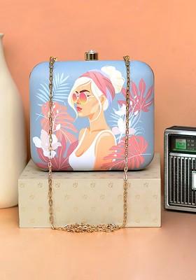 Grey Fabric Women Graphic Printed Box Clutch