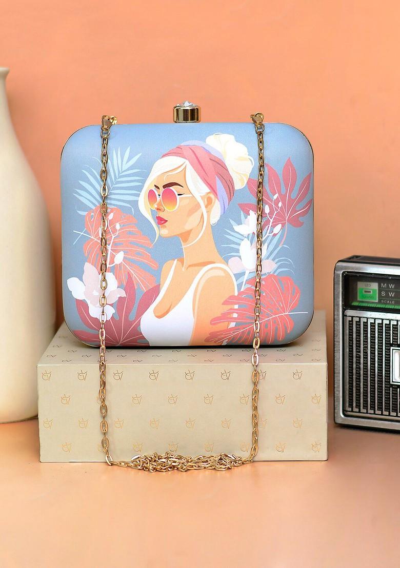 Grey Fabric Women Graphic Printed Box Clutch - Indya