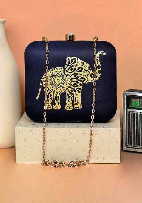 Black Fabric Women Graphic Printed Box Clutch