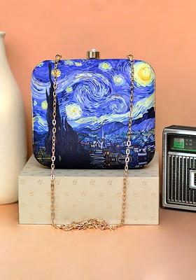 Blue Fabric Women Graphic Printed Box Clutch