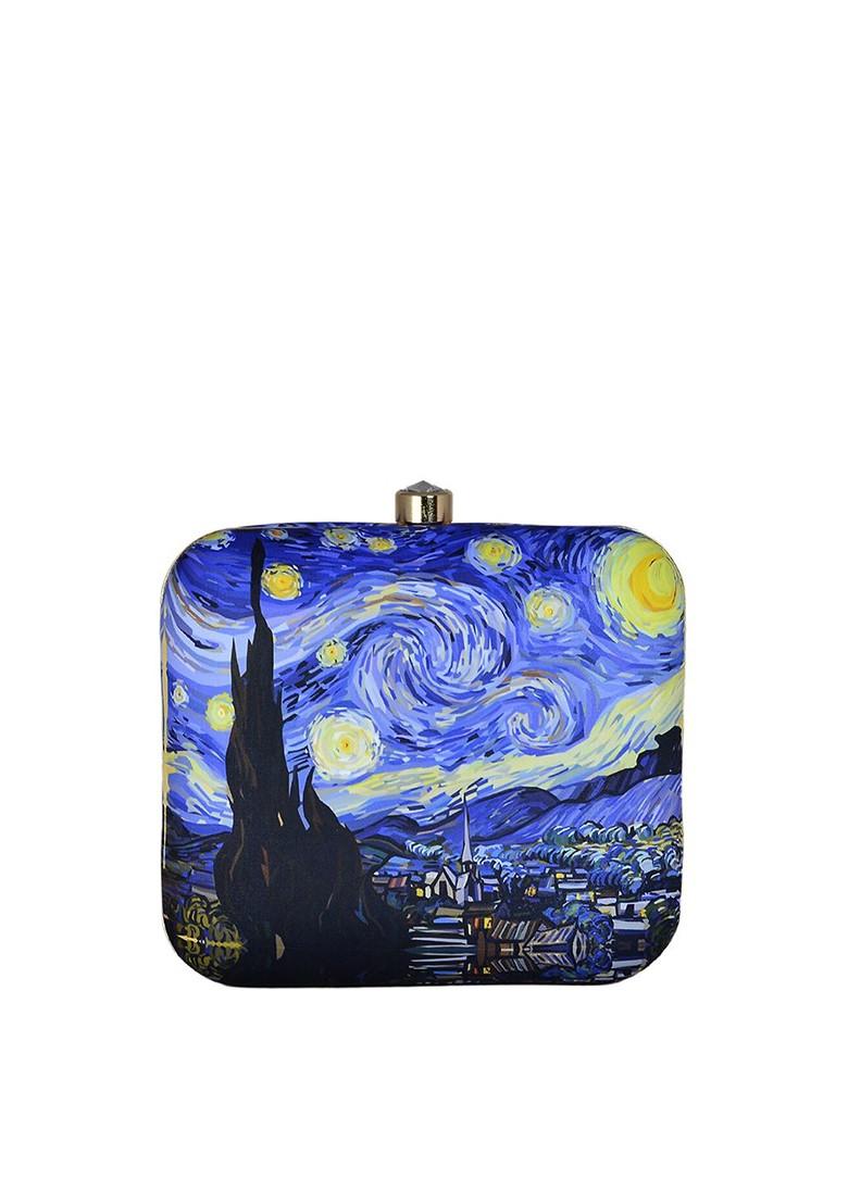 Blue Fabric Women Graphic Printed Box Clutch - Indya