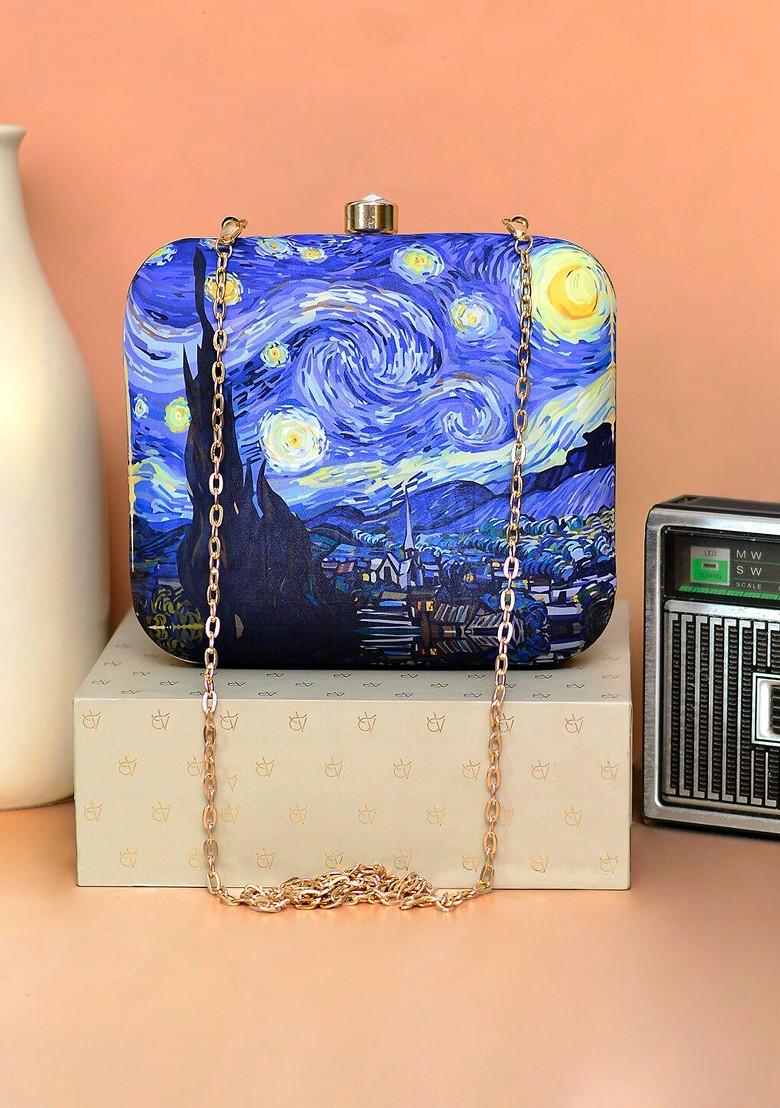 Blue Fabric Women Graphic Printed Box Clutch - Indya