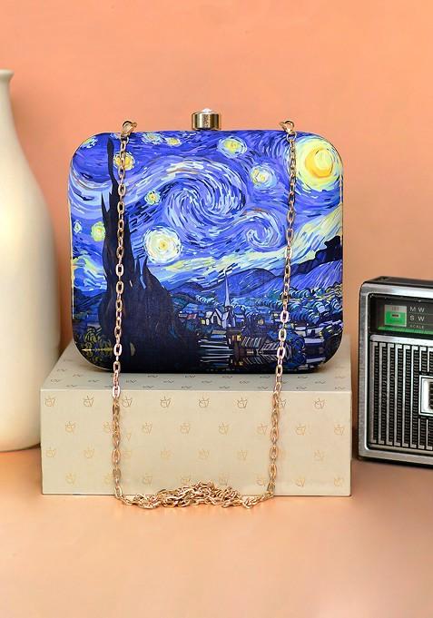 Blue Fabric Women Graphic Printed Box Clutch