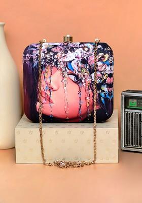 Black Fabric Women Graphic Printed Box Clutch