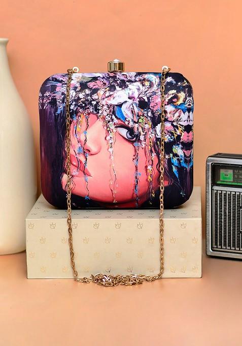 Black Fabric Women Graphic Printed Box Clutch