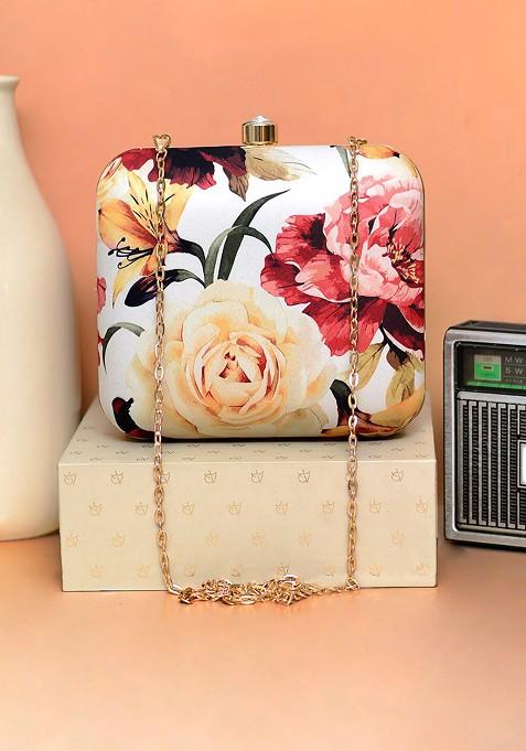 Red Fabric Women Floral Printed Box Clutch