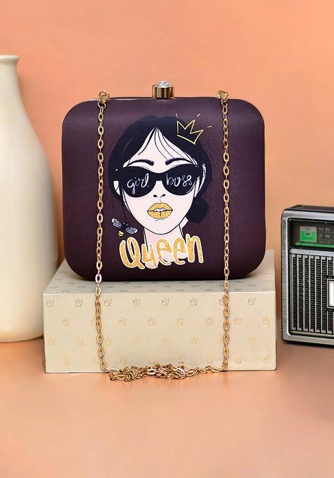 Brown Fabric Women Graphic Printed Box Clutch