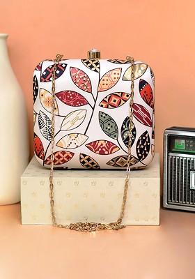 Cream Fabric Women Printed Box Clutch