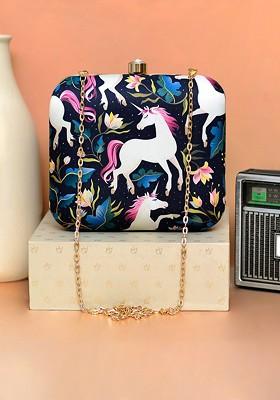 Black Fabric Women Printed Box Clutch