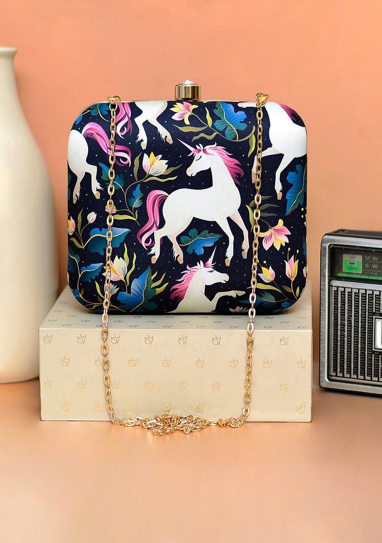 Black Fabric Women Printed Box Clutch - Indya