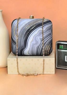 Grey Fabric Women Printed Box Clutch