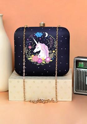 Navy Blue Fabric Women Graceful Unicorn Printed Box Clutch