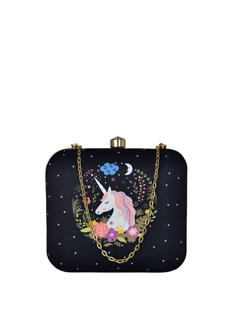 Navy Blue Fabric Women Graceful Unicorn Printed Box Clutch - Indya