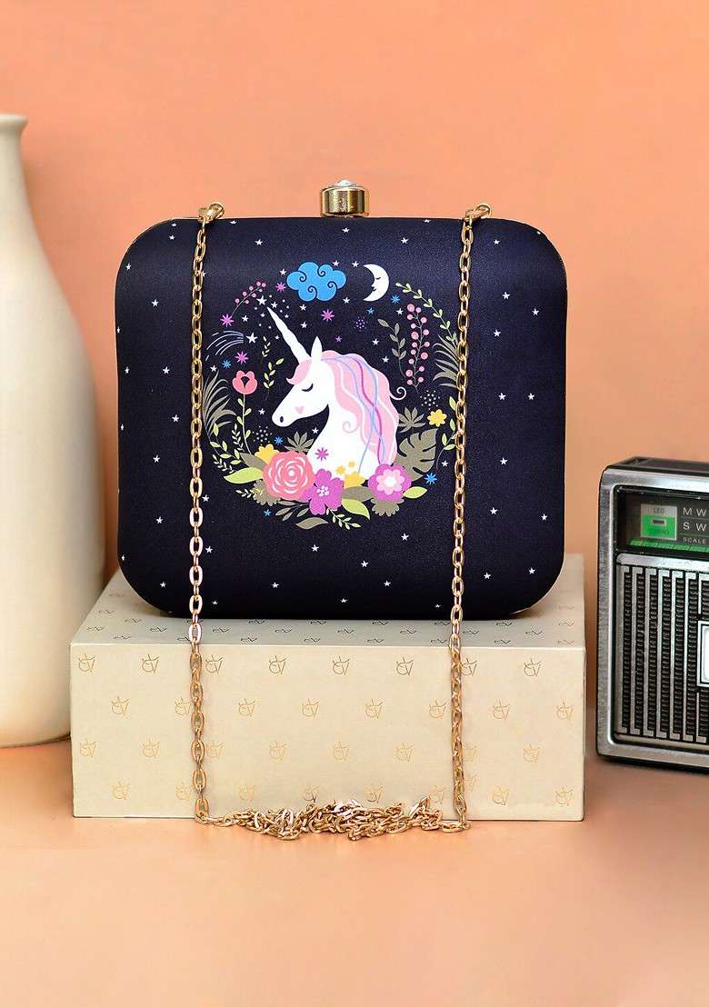Navy Blue Fabric Women Graceful Unicorn Printed Box Clutch - Indya