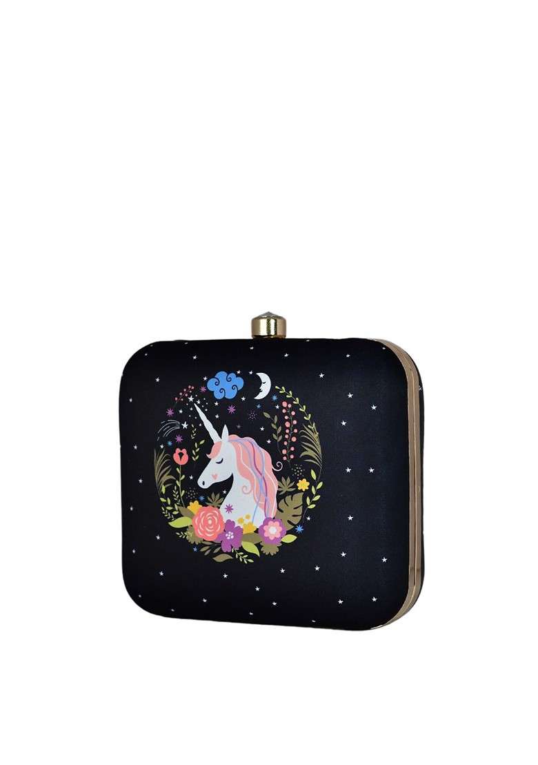 Navy Blue Fabric Women Graceful Unicorn Printed Box Clutch - Indya