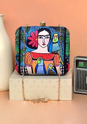 Blue Fabric Women Graphic Printed Box Clutch