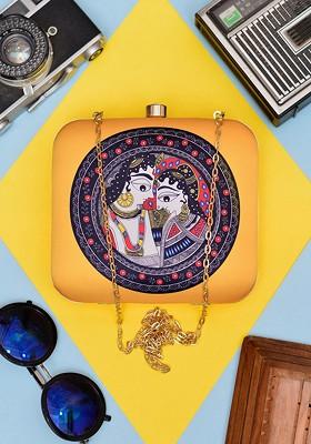 Yellow Fabric Radha Krishna Printed Box Clutch With Sling Strap