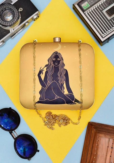 Beige Fabric Printed Box Clutch With Shoulder Strap