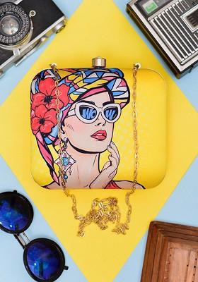 Yellow Fabric Printed Box Clutch With Shoulder Strap