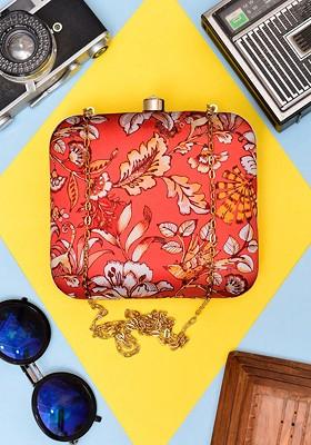 Red Fabric Printed Box Clutch With Shoulder Strap