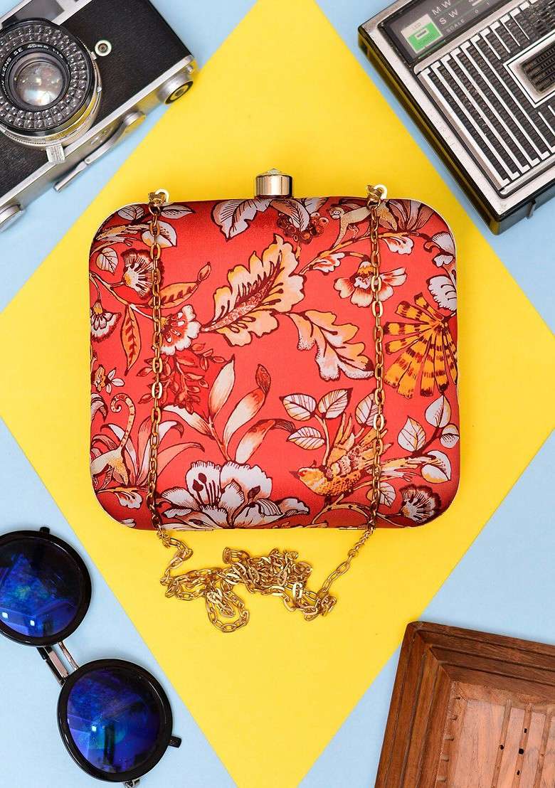 Red Fabric Printed Box Clutch With Shoulder Strap - Indya
