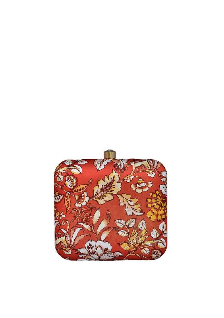 Red Fabric Printed Box Clutch With Shoulder Strap - Indya