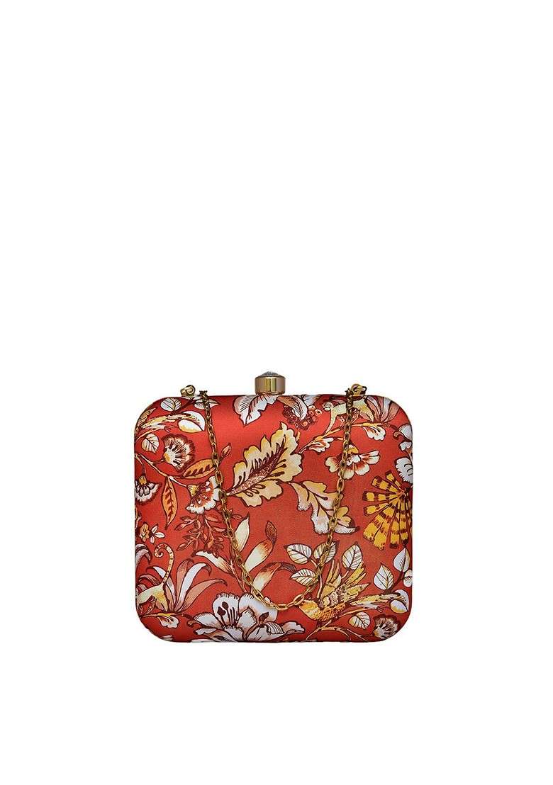 Red Fabric Printed Box Clutch With Shoulder Strap - Indya