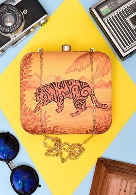 Yellow Fabric Printed Box Clutch With Shoulder Strap