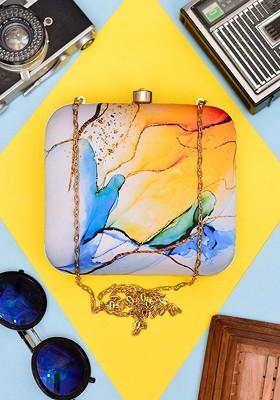 Blue Fabric Printed Box Clutch With Shoulder Strap
