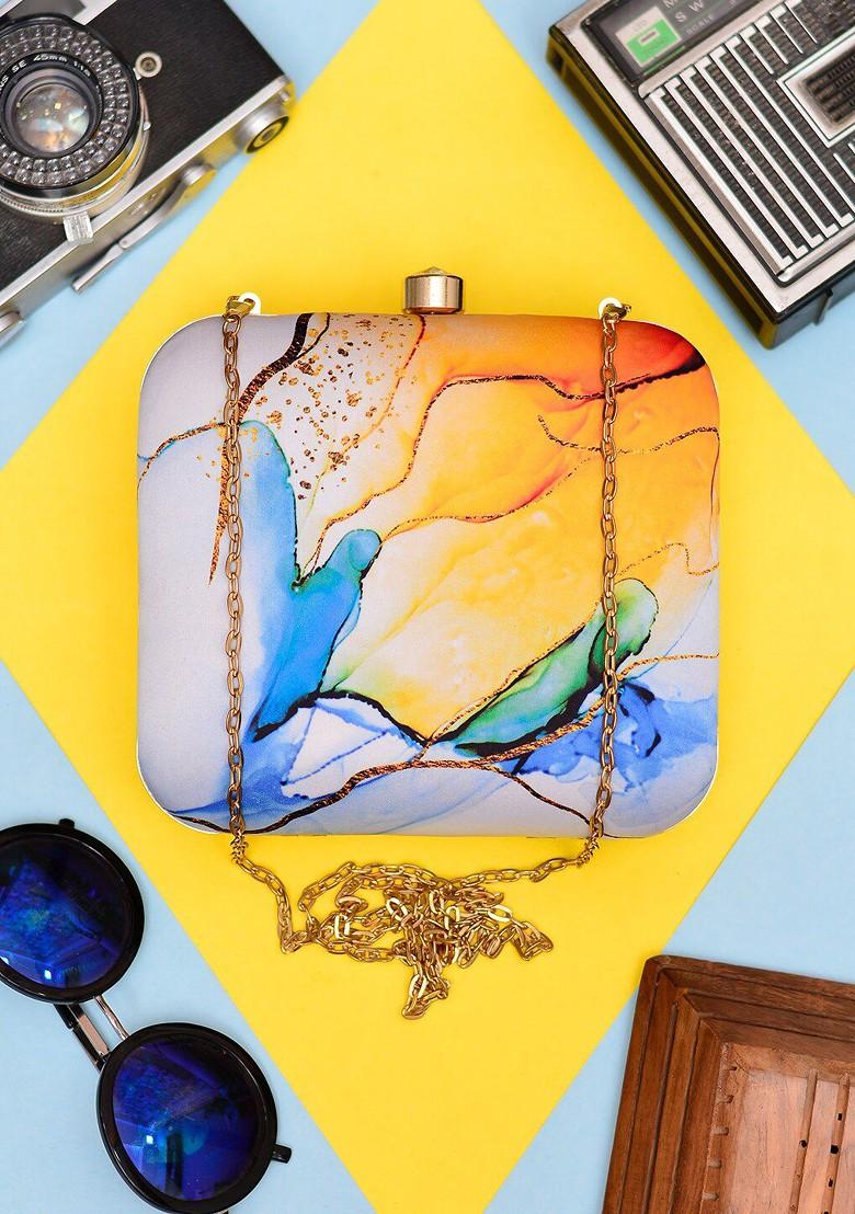 Blue Fabric Printed Box Clutch With Shoulder Strap - Indya