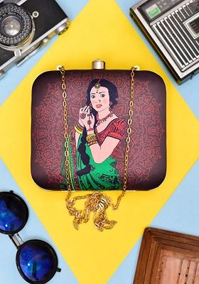 Brown Fabric Printed Box Clutch