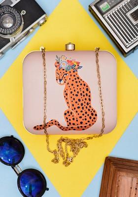 Cream Fabric Cheetah Printed Box Clutch