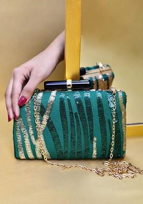 Green Satin Embellished Box Clutch