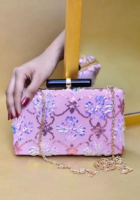 Pink Satin Women Embroidered Box Clutch