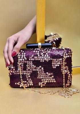 Purple Satin Embellished Sequinned Box Clutch