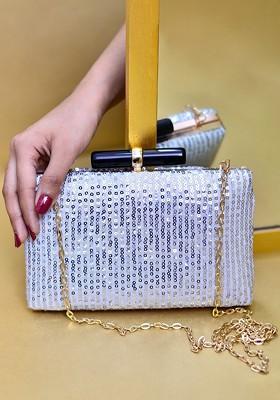 Silver Satin Embellished Box Clutch