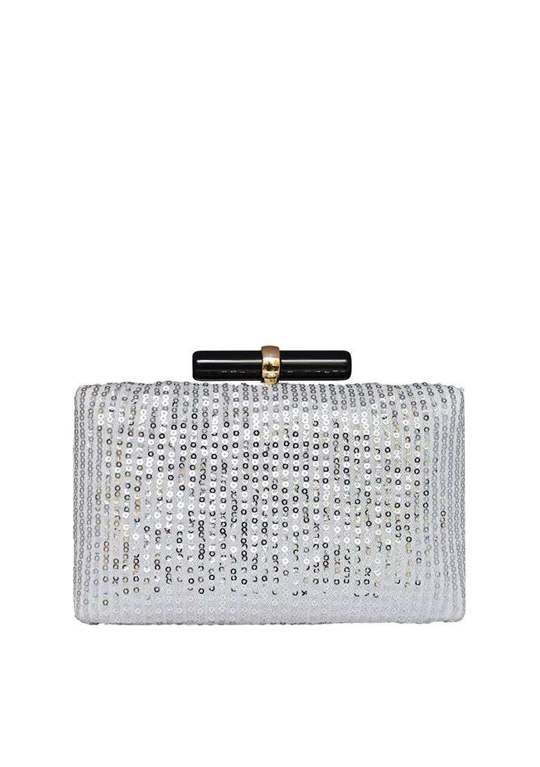 Silver Satin Embellished Box Clutch - Indya