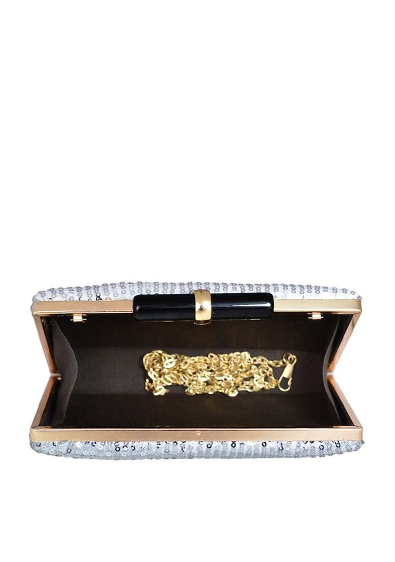 Silver Satin Embellished Box Clutch - Indya