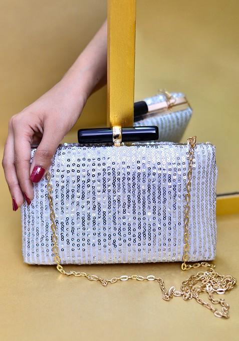 Silver Satin Embellished Box Clutch