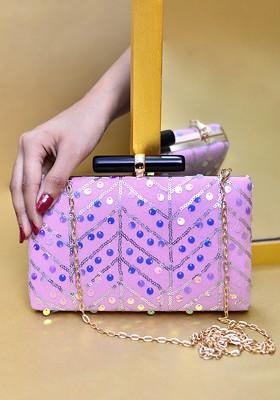 Pink Satin Women Embroidered Embellished Box Clutch