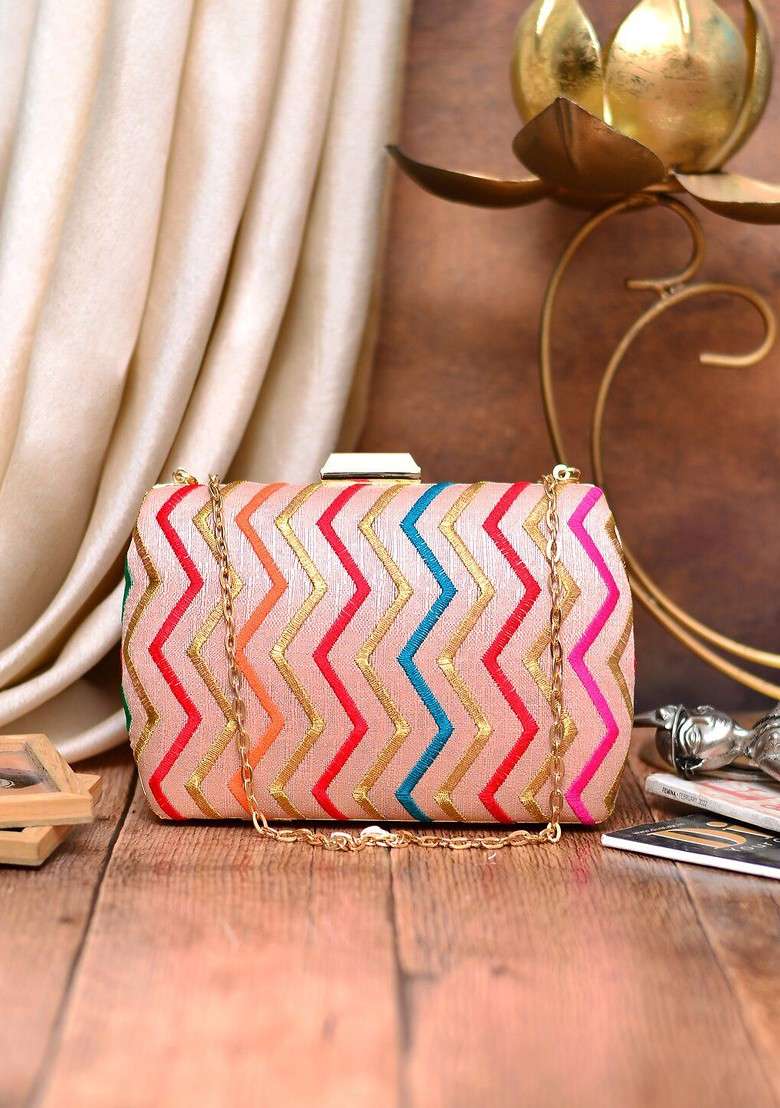 Peach Satin Embroidered Box Clutch With Shoulder Strap - Indya