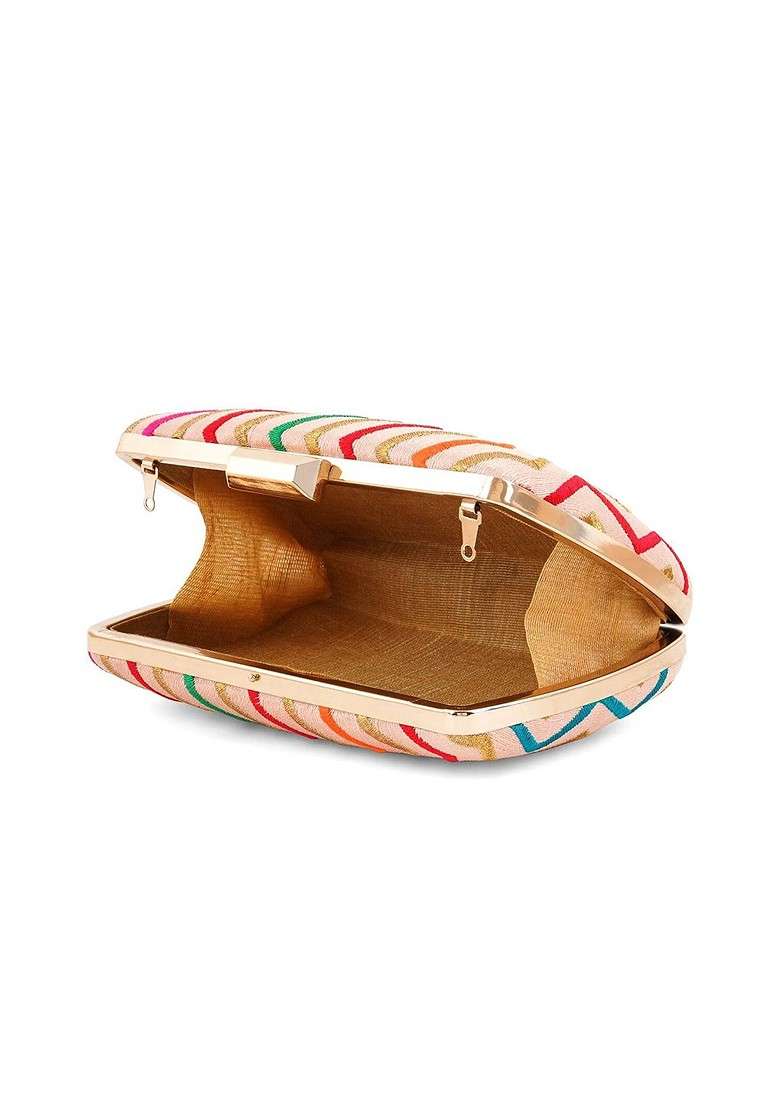 Peach Satin Embroidered Box Clutch With Shoulder Strap - Indya