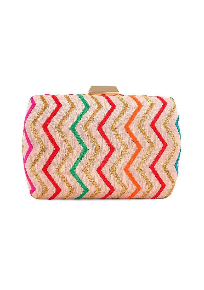 Peach Satin Embroidered Box Clutch With Shoulder Strap - Indya