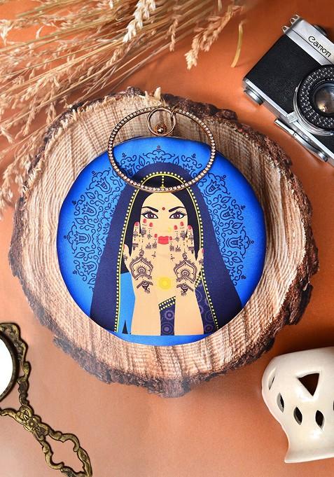 Blue Fabric Printed Box Clutch With Shoulder Strap