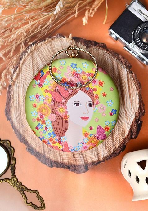 Green Fabric Printed Box Clutch With Shoulder Strap